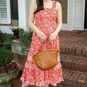 Red & Cream Floral Pattern Universal Thread Ruffled Maxi Dress